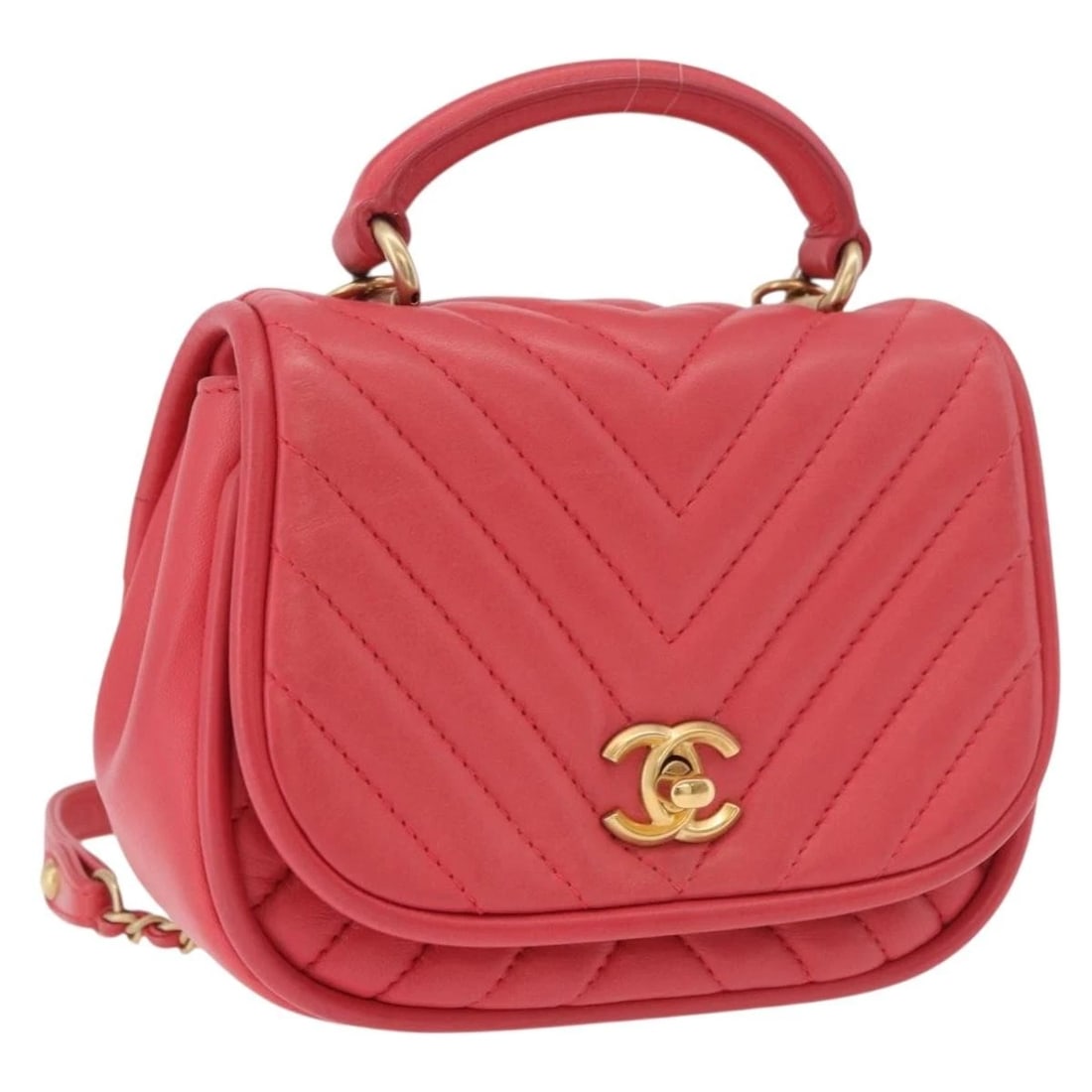 CHANEL CHEVRON V STITCH TOP HANDLE BAG: CHANEL Chevron V Stitch Top Handle Bag Brand: CHANEL Type/Style: Hand Bag Material: Lamb Skin Color: Pink/Gold Size: W6.3 x H4.7 x D2.8inch Accessories: None Accessories Notice: When purch