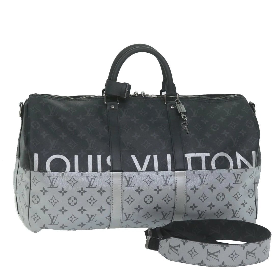 LOUIS VUITTON ECLIPSE SPLIT KEEPALL BANDOULIERE 50 BOSTON BAG: LOUIS VUITTON Eclipse Split Keepall Bandouliere 50 Boston Bag Brand: LOUIS VUITTON Type/Style: Boston Bag Material: Monogram Eclipse Canvas Color: Monogram Eclipse Size: W19.7 x H11.4 x D8.7inch A