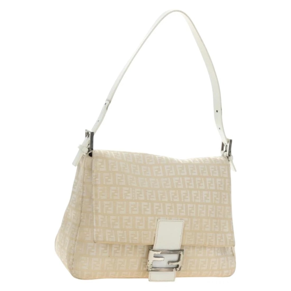 FENDI ZUCCHINO CANVAS MAMMA BAGUETTE SHOULDER BAG: FENDI Zucchino Canvas Mamma Baguette Shoulder Bag Brand: FENDI Type/Style: Shoulder Bag Material: Zucchino Canvas Color: White/Silver Size: W11.0 x H8.7 x D4.3inch Accessories: None Access