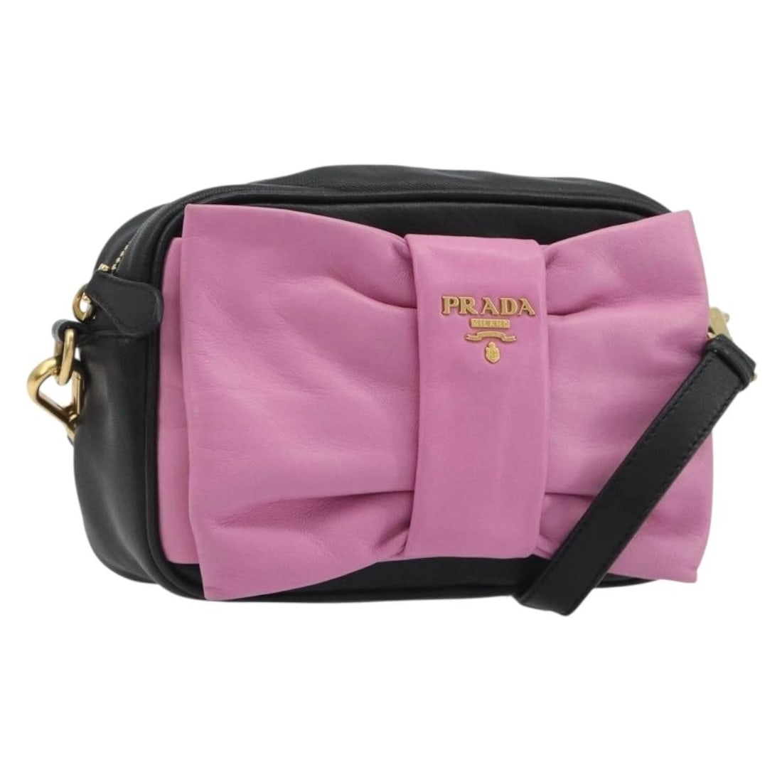 PRADA RIBBON SHOULDER BAG LEATHER BLACK PINK: PRADA Ribbon Shoulder Bag Leather Black Pink Brand: PRADA Type/Style: Shoulder Bag Material: Leather Color: Black/Pink Size: W7.1 x H4.3 x D2.4inch Accessories: None Accessories Notice: Wh