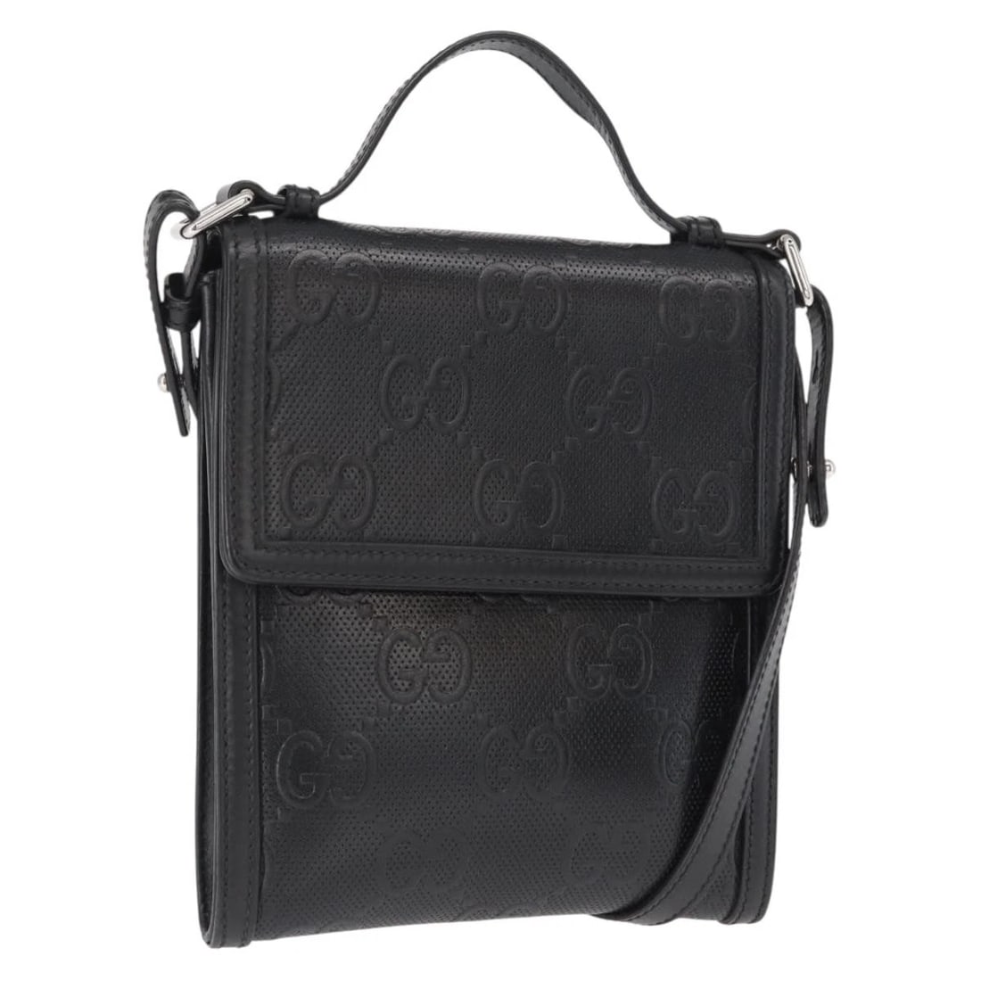 GUCCI GG EMBOSS SHOULDER BAG BLACK SILVER: GUCCI GG Emboss Shoulder Bag Black Silver Brand: GUCCI Type/Style: Shoulder Bag Material: GG Canvas Color: Black/Silver Size: W7.1 x H8.3 x D1.2inch Accessories: None Accessories Notice: When
