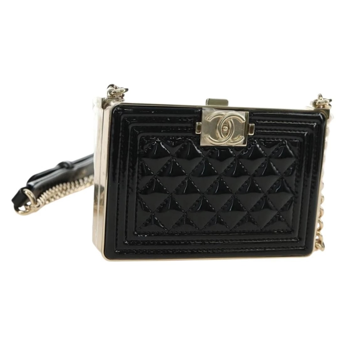 CHANEL MATELASSE BOY CHANEL CHAIN WALLET BAG: CHANEL Matelasse Boy Chanel Chain Wallet Bag Brand: CHANEL Type/Style: Shoulder Bag Material: Patent Leather Color: Black/Gold Size: W4.3 x H3.0 x D1.0inch Accessories: None Accessories No