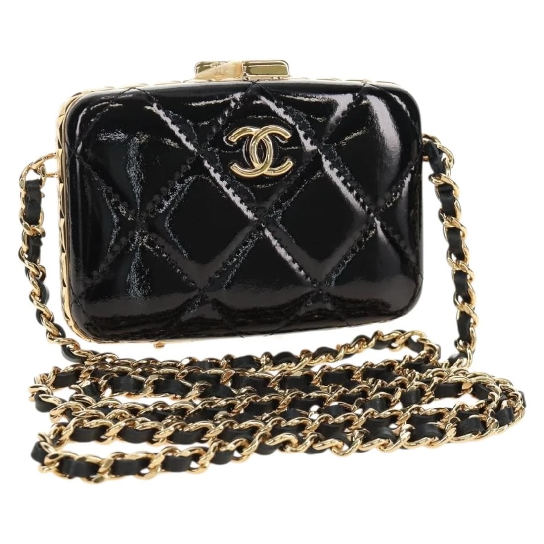 CHANEL MATELASSE CHAIN SHOULDER POUCH PATENT LEATHER BLACK: CHANEL Matelasse Chain Shoulder Pouch Patent leather Black Brand: CHANEL Type/Style: Shoulder Bag Material: Patent Leather Color: Black/Gold Size: W4.7 x H2.8 x D0.8inch Accessories: None