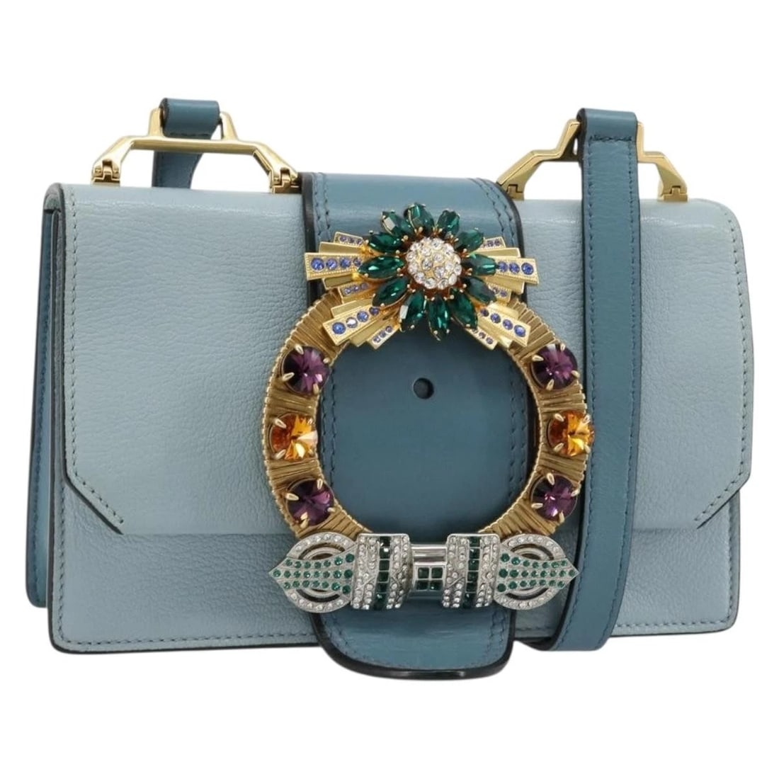 MIU MIU SHOULDER BAG LEATHER LIGHT BLUE GOLD: Miu Miu Shoulder Bag Leather Light Blue Gold Brand: Miu Miu Type/Style: Shoulder Bag Material: leather Color: Light Blue/Gold Size: W8.7 x H5.5 x D3.1inch Accessories: None Accessories Not