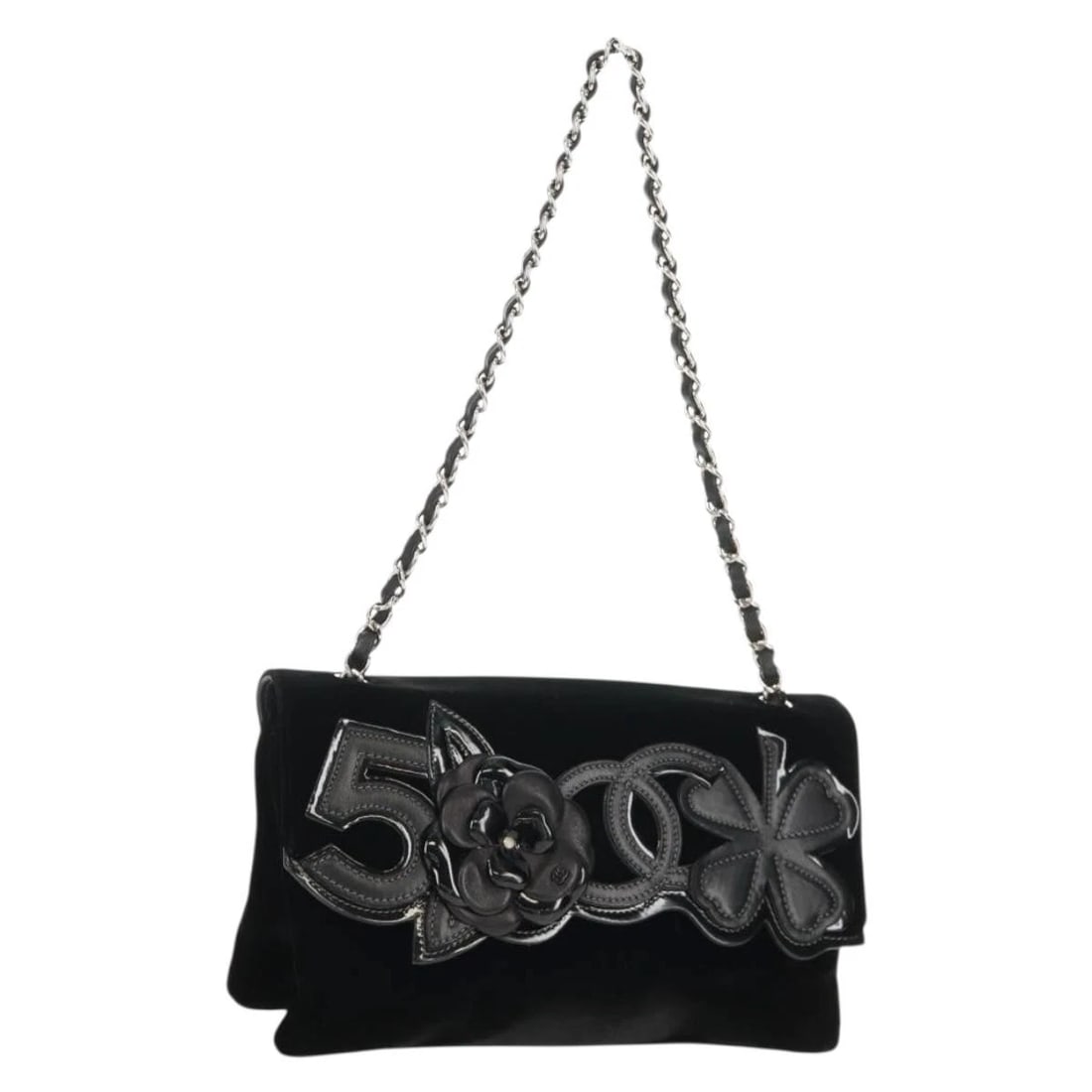 CHANEL CHAIN CAMELLIA SHOULDER BAG VELOR BLACK SILVER: CHANEL Chain Camellia Shoulder Bag Velor Black Silver Brand: CHANEL Type/Style: Shoulder Bag Material: Velor Color: Black/Silver Size: W9.4 x H5.5 x D0.8inch Accessories: None Accessories
