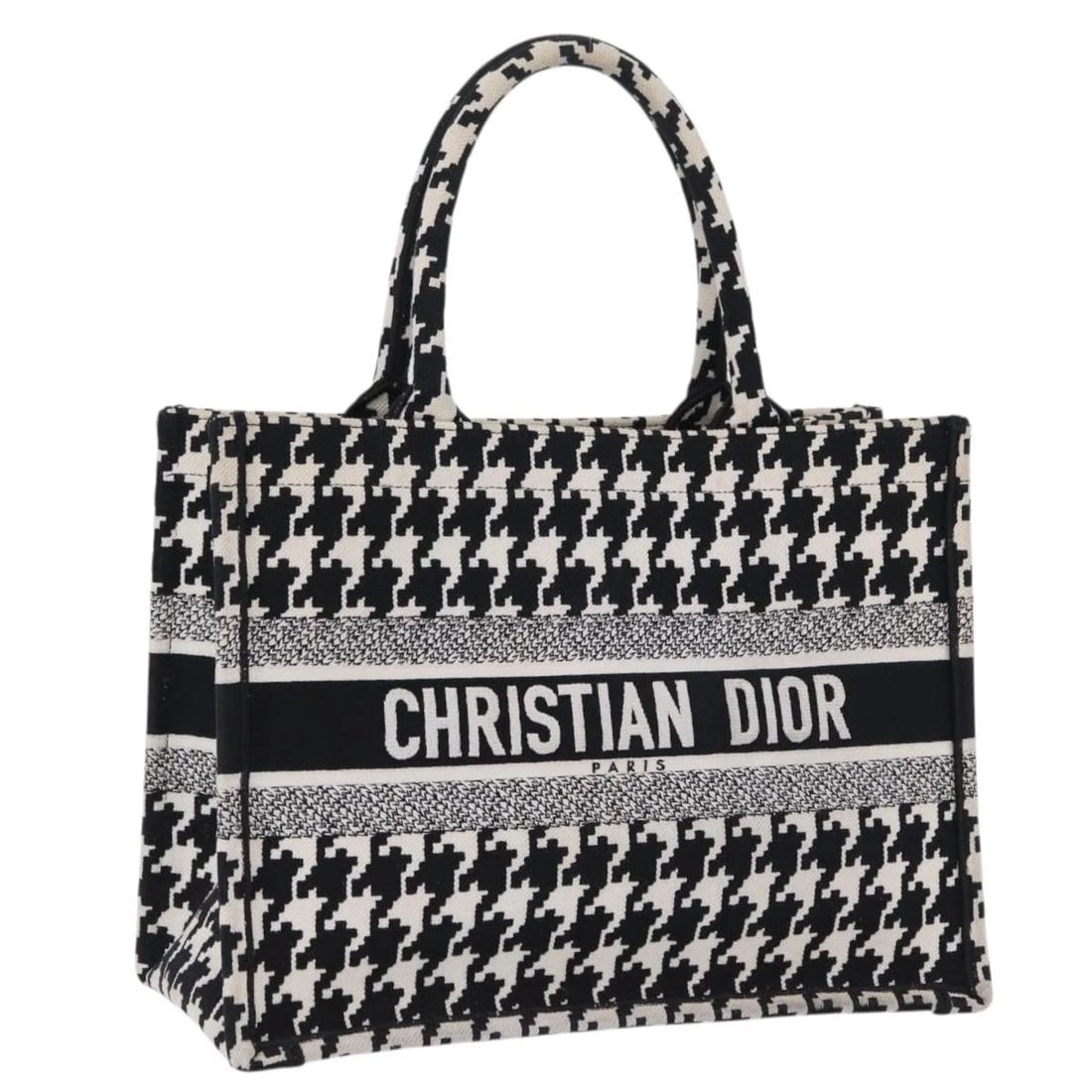 CHRISTIAN DIOR STAGGERED PATTERN BOOK TOTE MEDIUM BAG: Christian Dior Staggered Pattern Book Tote Medium Bag Brand: Christian Dior Type/Style: Tote Bag Material: canvas Color: Black/White Size: W13.8 x H10.2 x D6.3inch Accessories: None Access