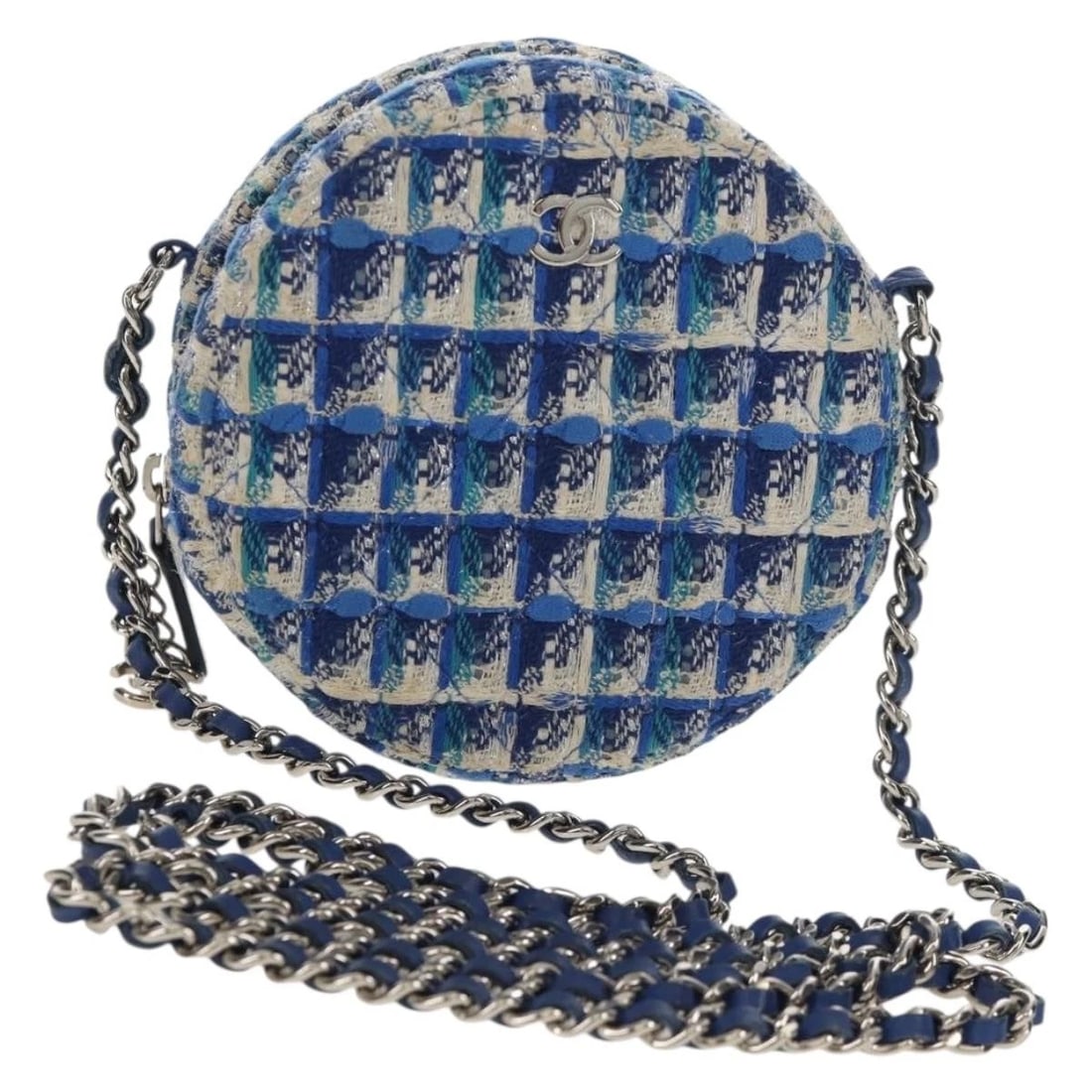 CHANEL CHAIN SHOULDER BAG TWEED BLUE SILVER: CHANEL Chain Shoulder Bag Tweed Blue Silver Brand: CHANEL Type/Style: Shoulder Bag Material: canvas Color: Blue/Silver Size: W4.7 x H4.7 x D2.4inch Accessories: None Accessories Notice: Wh