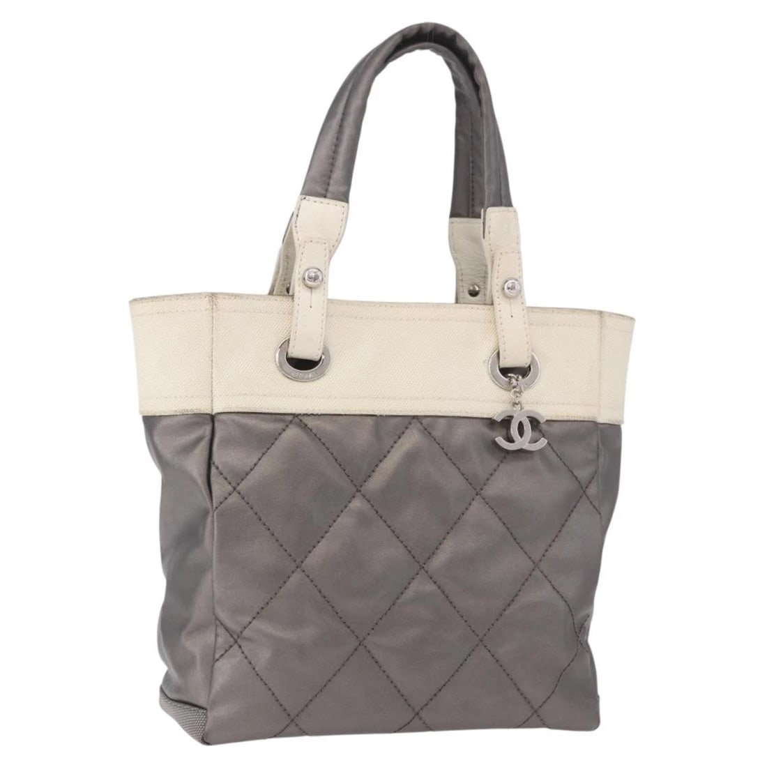 CHANEL PARIS BIARRITZ PM HAND BAG PVC CANVAS GRAY SILVER: CHANEL Paris Biarritz PM Hand Bag PVC Canvas Gray Silver Brand: CHANEL Type/Style: Hand Bag Material: PVC Leather Color: Gray/Silver Size: W10.2 x H10.6 x D4.7inch Accessories: None Access
