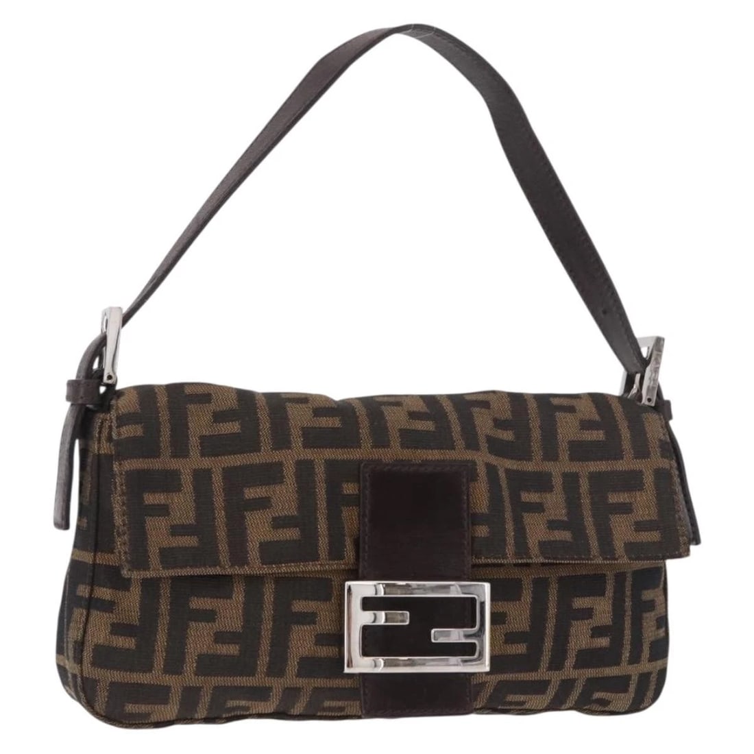 FENDI ZUCCA CANVAS MAMMA BAGUETTE SHOULDER BAG: FENDI Zucca Canvas Mamma Baguette Shoulder Bag Brand: FENDI Type/Style: Shoulder Bag Material: Zucca Canvas Color: Black/Brown/Silver Size: W10.2 x H5.1 x D1.2inch Accessories: None Access