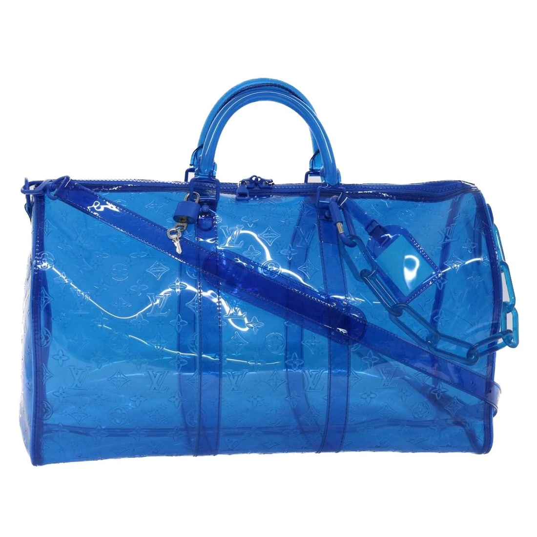 LOUIS VUITTON MONOGRAM VINYL KEEPALL BANDOULIERE 50 BAG: LOUIS VUITTON Monogram Vinyl Keepall Bandouliere 50 Bag Brand: LOUIS VUITTON Type/Style: Boston Bag Material: Vinyl Color: Blue Size: W19.7 x H9.8 x D8.7inch Accessories: None Accessories