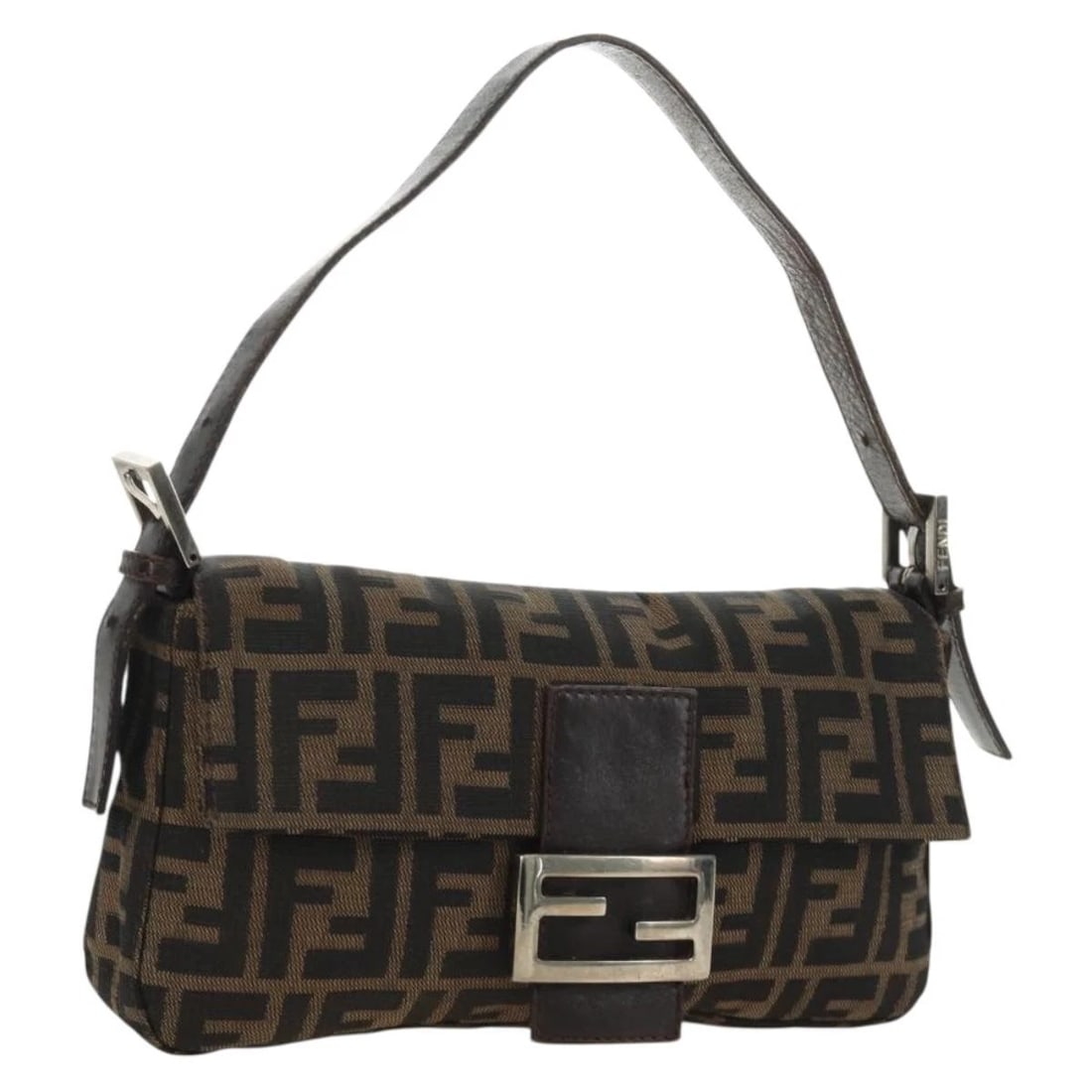 FENDI ZUCCA CANVAS MAMMA BAGUETTE SHOULDER BAG: FENDI Zucca Canvas Mamma Baguette Shoulder Bag Brand: FENDI Type/Style: Shoulder Bag Material: Zucca Canvas Color: Black/Brown Size: W9.8 x H5.5 x D1.6inch Accessories: None Accessories No