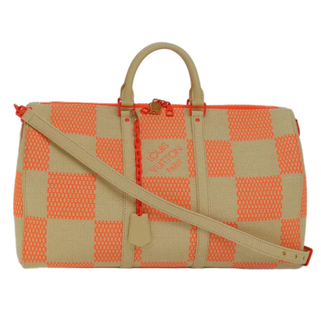 LOUIS VUITTON DAMIER GIANT KEEPALL BANDOULIERE 50 BAG: LOUIS VUITTON Damier Giant Keepall Bandouliere 50 Bag Brand: LOUIS VUITTON Type/Style: Boston Bag Material: Canvas/Damier Color Canvas Color: Beige Size: W19.7 x H9.8 x D8.7inch Accessories: None