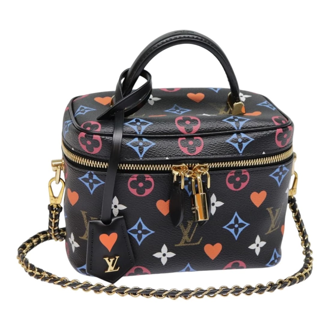 LOUIS VUITTON MONOGRAM GAME ON VANITY PM HAND BAG: LOUIS VUITTON Monogram Game On Vanity PM Hand Bag Brand: LOUIS VUITTON Type/Style: Hand Bag Material: Monogram Multicolor Canvas Color: Black Size: W6.7 x H4.7 x D3.9inch Accessories: None
