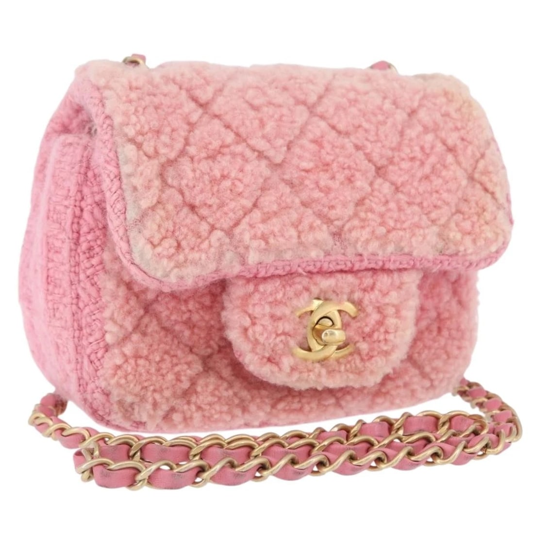 CHANEL MINI MATELASSE 15 CHAIN SHOULDER BAG WOOL PINK GOLD: CHANEL Mini Matelasse 15 Chain Shoulder Bag Wool Pink Gold Brand: CHANEL Type/Style: Shoulder Bag Material: Wool Color: Pink/Gold Size: W5.9 x H4.3 x D2.4inch Accessories: None Accessories