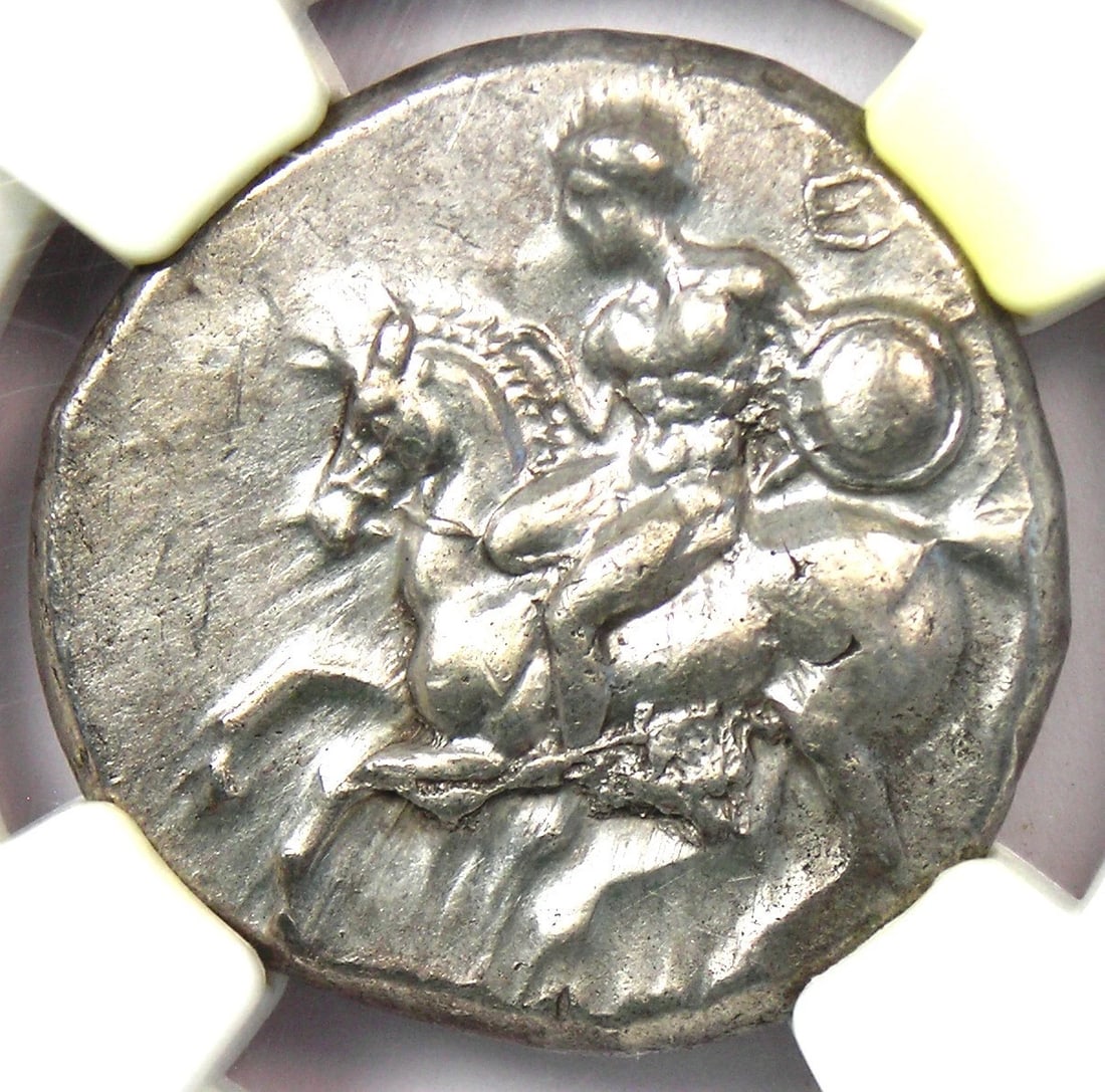 CALABRIA TARAS AR DIDRACHM SILVER COIN: Calabria Taras AR Didrachm Silver Coin Year : 280 BC Denomination : Didrachm Country of Origin : Italy Accessories: None Accessories Notice: When purchasing pre-owned goods, please refer to the photos