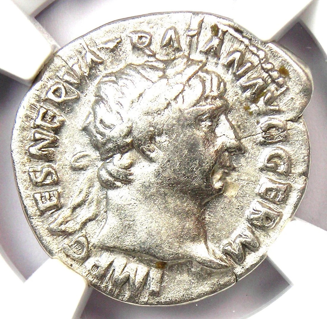 TRAJAN AR DENARIUS SILVER ROMAN COIN: Trajan AR Denarius Silver Roman Coin Year: 117 AD Denomination: Denarius Country of Origin: Italy Accessories: None Accessories Notice: When purchasing pre-owned goods, please refer to the photos of t