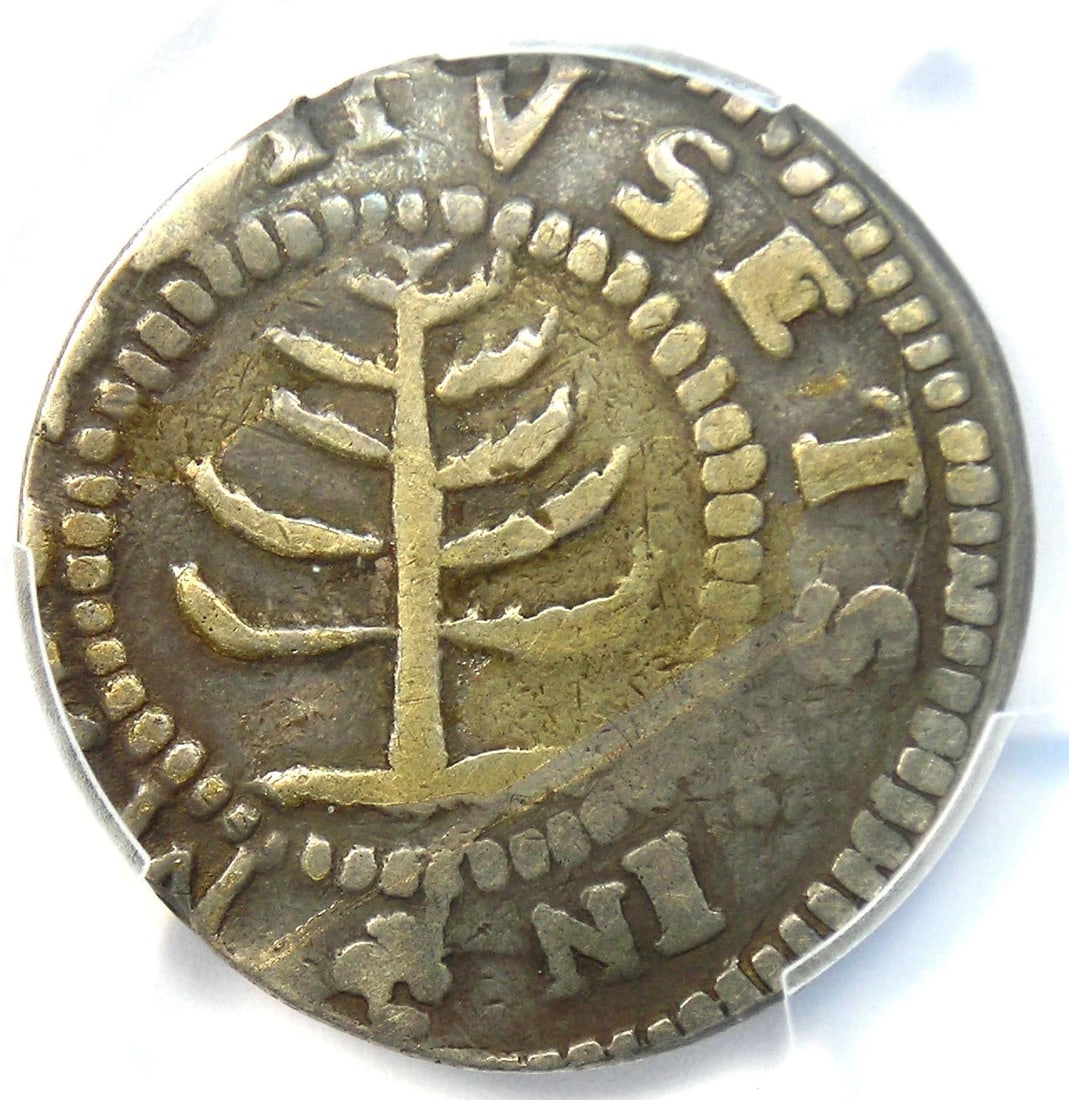 1652 MASSACHUSETTS PINE TREE SILVER SHILLING COIN: 1652 Massachusetts Pine Tree Silver Shilling Coin Year: 1652 Denomination: Shilling Country of Origin: United States Accessories: None Accessories Notice: When purchasing pre-owned goods, please refer