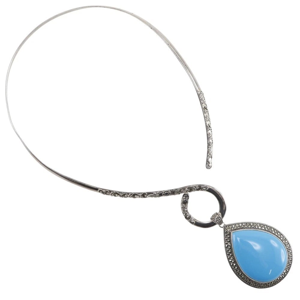CHOKER SILVER925: choker Silver925 Brand: no brand Type/Style: choker Material: Silver925, Main Stone Turquoise Color: Silver Size: Size(CM) Neck around?46.0cm Top?W43mm x H68mm Accessories: None Accessorie