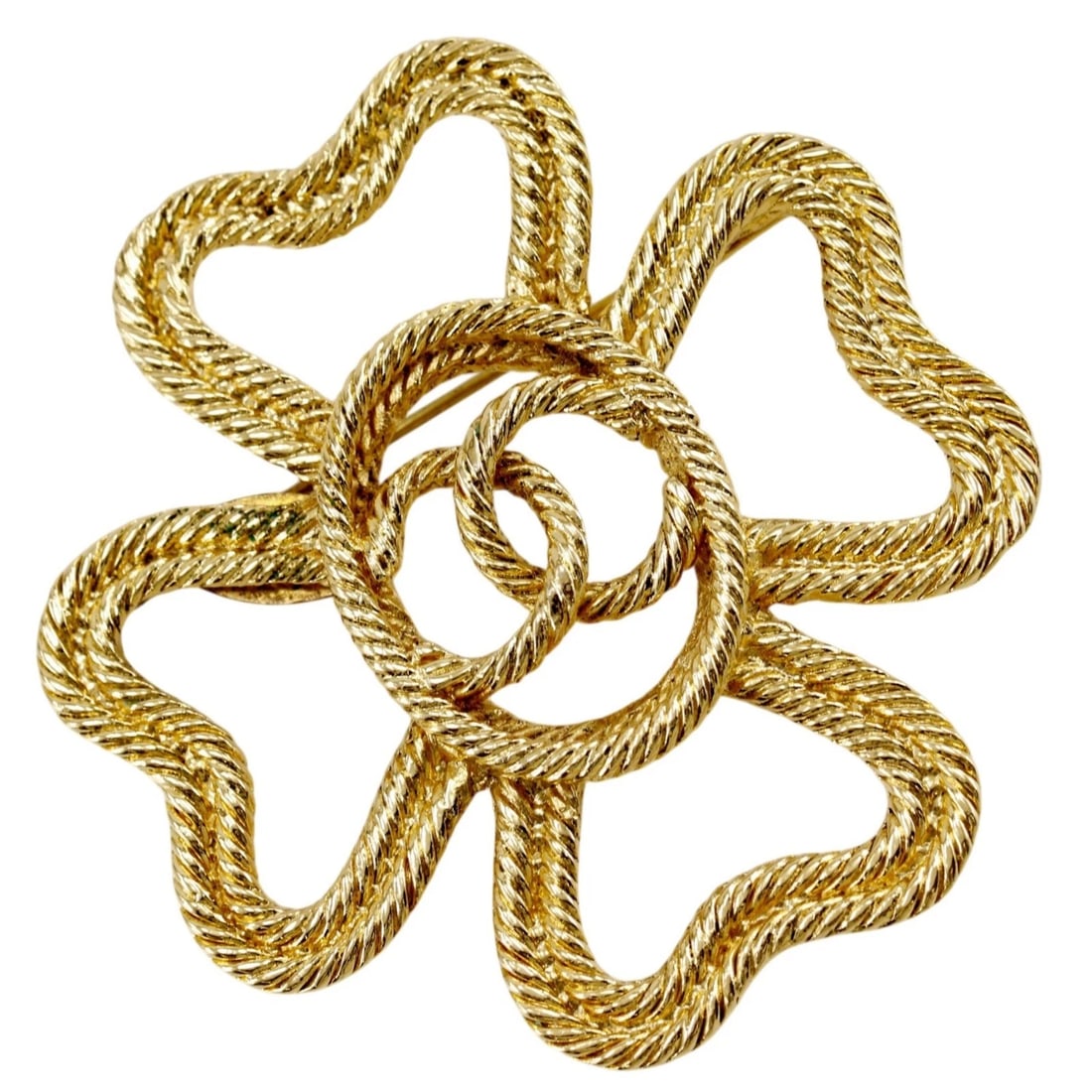 CHANEL CLOVER COCO MARK BROOCH: CHANEL Clover COCO Mark Brooch Brand: CHANEL Type/Style: Brooch Material: Plated Gold, Color: Gold Size: Size(CM) 55mm x 52mm Accessories: None Accessories Notice: When purchasing pre-owned goods,