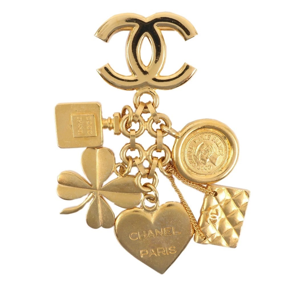 CHANEL HEART/CLOVER/MATELASSE BROOCH: CHANEL Heart/Clover/Matelasse Brooch Brand: CHANEL Type/Style: Brooch Material: Plated Gold, Color: Gold Size: Size(CM) 105mm x 37.5mm Accessories: None Accessories Notice: When purchasing pre-owned