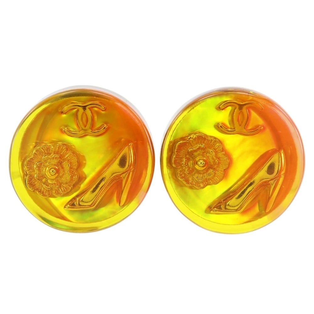 CHANEL COCO MARK EARRING CAMELIA: CHANEL COCO Mark Earring Camelia Brand: CHANEL Type/Style: Earring Material: Resin system, Color: green / gold Size: Size(CM) 24.9mm x 24.9mm Accessories: None Accessories Notice: When purchasing