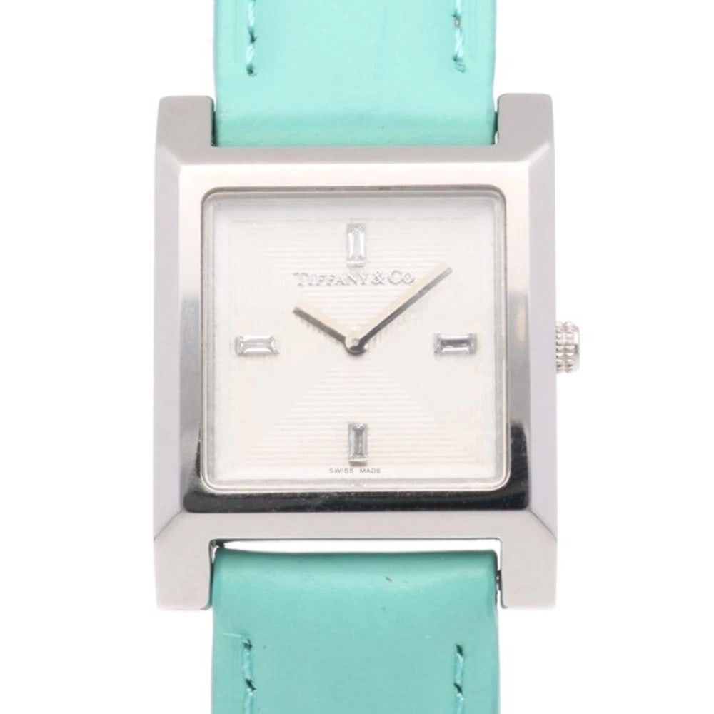 TIFFANY&CO. MAKERS WATCHES STAINLESS STEEL DIAMOND WATCH: TIFFANY&Co. Makers Watches Stainless Steel diamond Watch Brand: Tiffany&co. Type/Style: Wristwatch Material: Case : Stainless Steel Band : leather Color: Silver / blue x white Size: Case:W0.9inch x H1