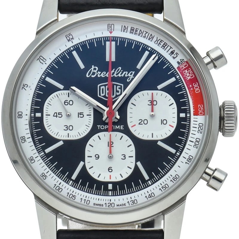 BREITLING TOP TIME DEUS CHRONOGRAPH 41 STAINLESS WATCH: BREITLING Top Time Deus Chronograph 41 Stainless Watch Brand: BREITLING Type/Style: Wristwatch Material: Band Material leather, Case Material Stainless steel Color: Dial Color black Size: Case