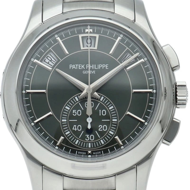 PATEK PHILIPPE COMPLICATION ANNUAL CALENDAR FLYBACK CHRONOGRAPH WATCH: PATEK PHILIPPE Complication Annual Calendar Flyback Chronograph Watch Brand: PATEK PHILIPPE Type/Style: Wristwatch Material: Band Material Stainless steel, Case Material Stainless steel Color: Dial