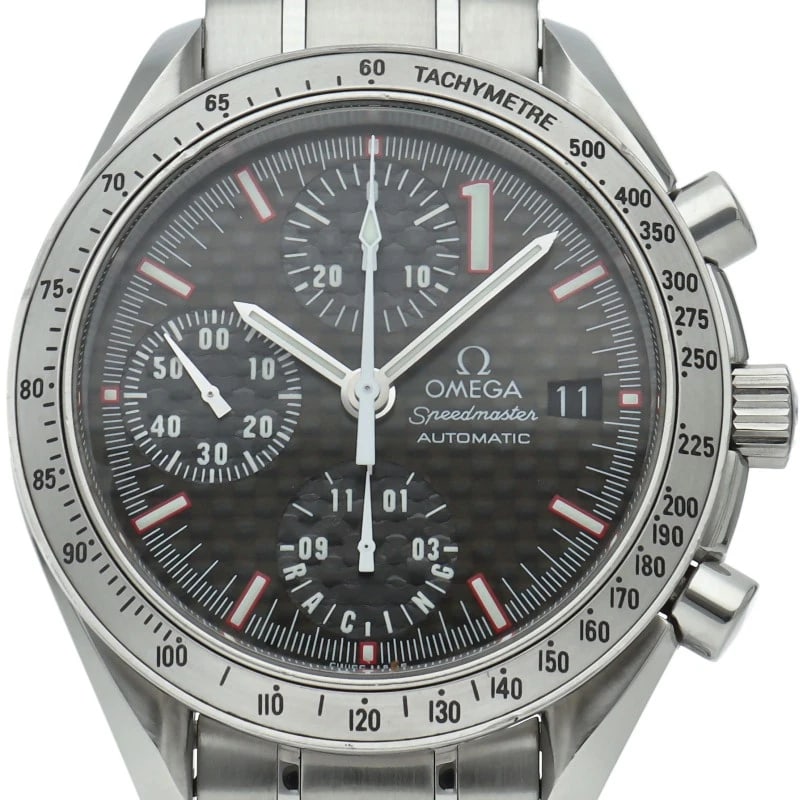 OMEGA SPEEDMASTER RACING SCHUMACHER WORLD STAINLESS WATCH: OMEGA Speedmaster Racing Schumacher World Stainless Watch Brand: OMEGA Type/Style: Wristwatch Material: Band Material Stainless steel, Case Material Stainless steel Color: Dial Color carbon Size: Case