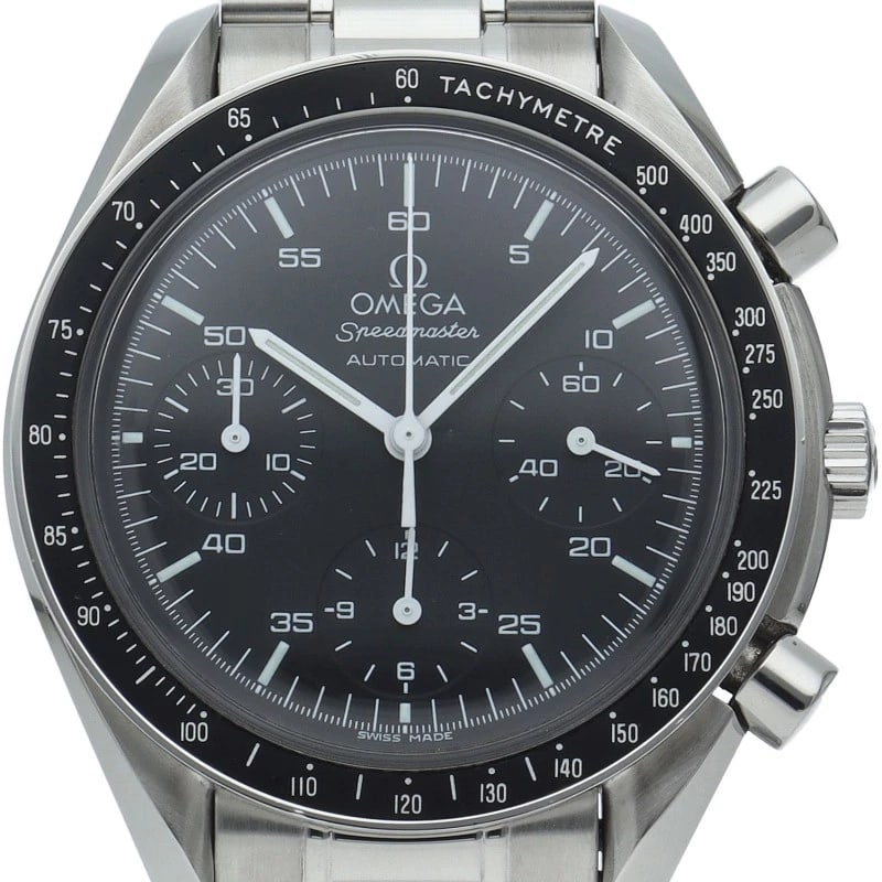 OMEGA SPEEDMASTER AUTOMATIC STAINLESS STEEL BLACK WATCH: OMEGA Speedmaster Automatic Stainless Steel black Watch Brand: OMEGA Type/Style: Wristwatch Material: Band Material Stainless steel, Case Material Stainless steel Color: Dial Color black Size: Case