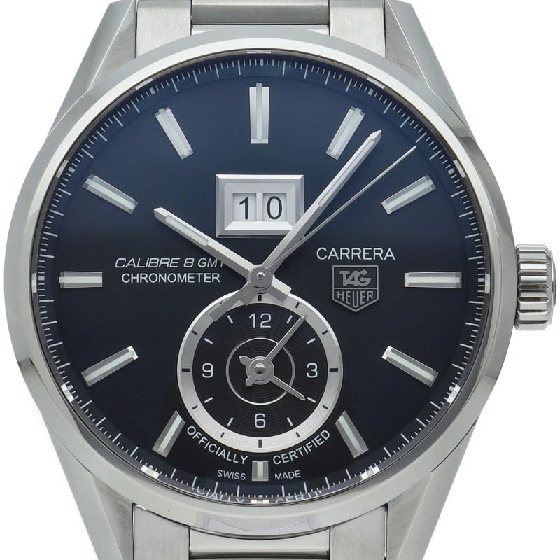 TAG HEUER CARRERA GRAND DATE GMT CALIBER STAINLESS STEEL WATCH: TAG HEUER Carrera Grand Date GMT Caliber Stainless Steel Watch Brand: TAG HEUER Type/Style: Wristwatch Material: Band Material Stainless steel, Case Material Stainless steel Color: Dial Color black