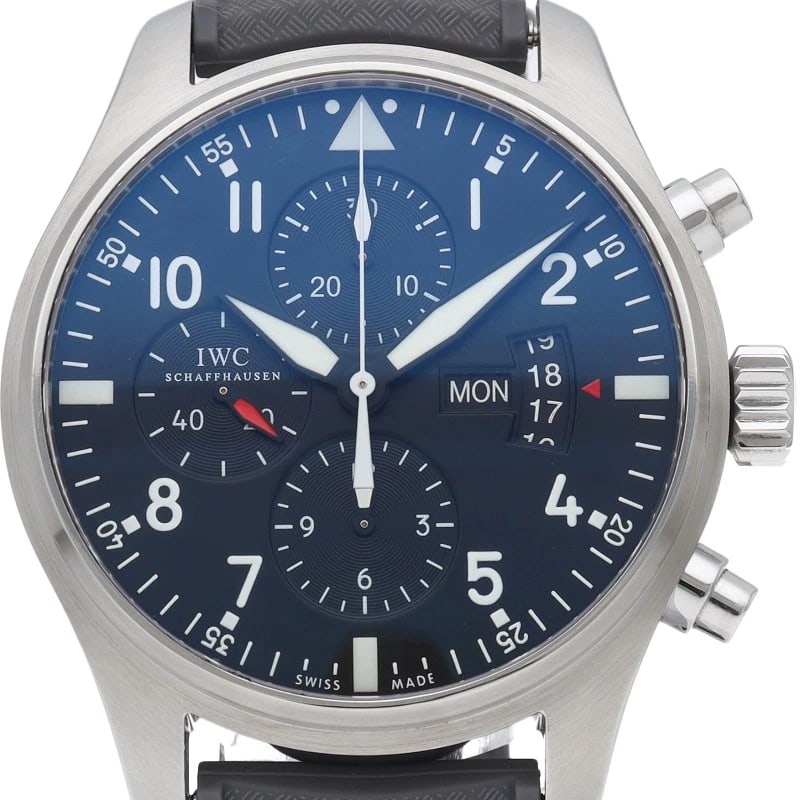 IWC PILOT WATCH CHRONOGRAPH STAINLESS STEEL / RUBBER WATCH: IWC Pilot watch chronograph Stainless Steel / Rubber Watch Brand: IWC Type/Style: Wristwatch Material: Band Material rubber, Case Material Stainless steel Color: Dial Color black Size: Case Diameter(H