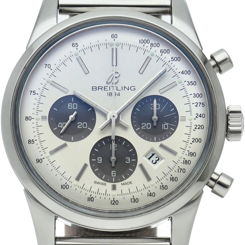 BREITLING TRANSOCEAN CHRONOGRAPH STAINLESS STEEL WATCH: BREITLING Transocean chronograph Stainless Steel Watch Brand: BREITLING Type/Style: Wristwatch Material: Band Material Stainless steel, Case Material Stainless steel Color: Dial Color Silver / Black S