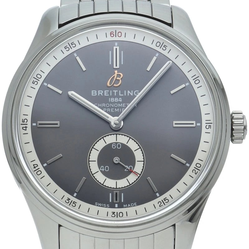 BREITLING PREMIER AUTOMATIC STAINLESS STEEL WATCH: BREITLING Premier Automatic Stainless Steel Watch Brand: BREITLING Type/Style: Wristwatch Material: Band Material Stainless steel, Case Material Stainless steel Color: Dial Color gray Size: Case Diame