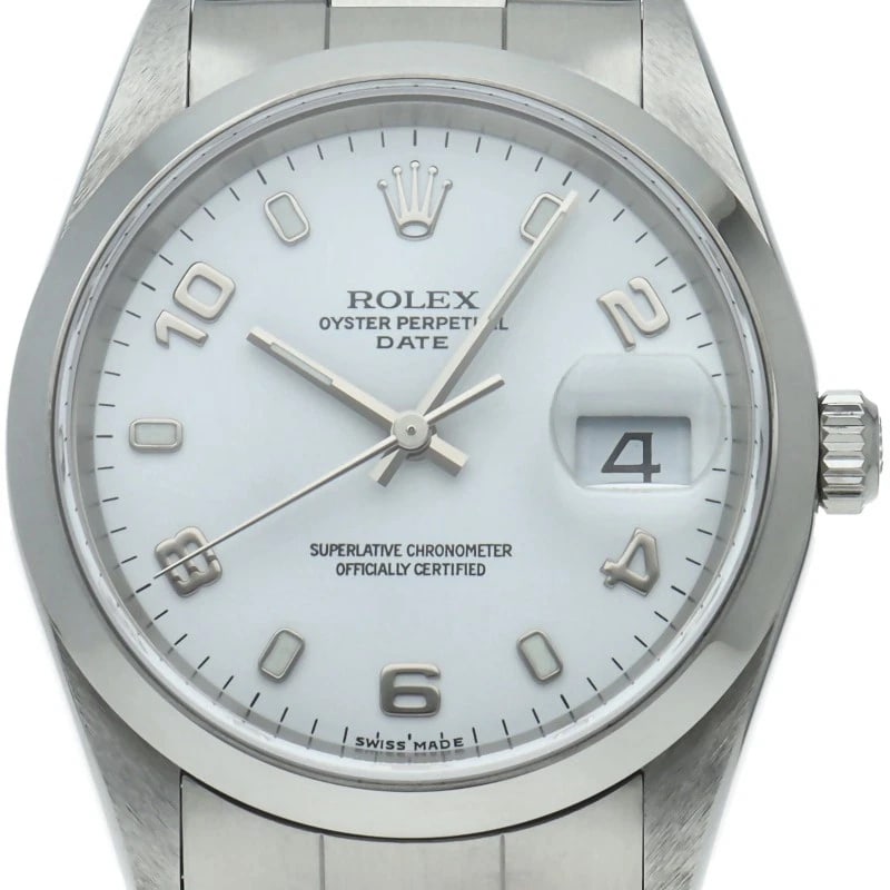 ROLEX OYSTER PERPETUAL DATE STAINLESS STEEL WATCH: ROLEx Oyster Perpetual Date Stainless Steel Watch Brand: ROLEx Type/Style: Wristwatch Material: Band Material Stainless steel, Case Material Stainless steel Color: Dial Color white Size: Case Diameter