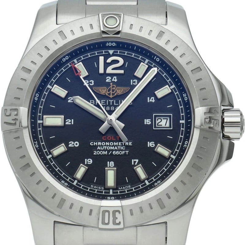 BREITLING COLT AUTOMATIC 44 STAINLESS STEEL WATCH: BREITLING colt automatic 44 Stainless Steel Watch Brand: BREITLING Type/Style: Wristwatch Material: Band Material Stainless steel, Case Material Stainless steel Color: Dial Color black Size: Case