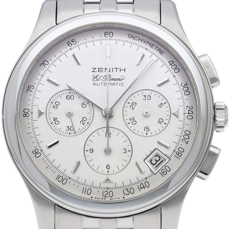 ZENITH CLASS EL PRIMERO WATCH STAINLESS STEEL WATCH: ZENITH Class El Primero Watch Stainless Steel Watch Brand: ZENITH Type/Style: Wristwatch Material: Band Material Stainless steel, Case Material Stainless steel Color: Dial Color Silver Size: Case
