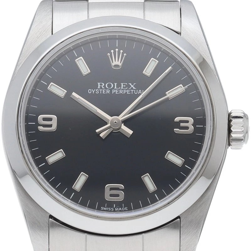 ROLEX OYSTER PERPETUAL WATCH STAINLESS STEEL BLACK WATCH: ROLEx Oyster Perpetual Watch Stainless Steel black Watch Brand: ROLEx Type/Style: Wristwatch Material: Band Material Stainless steel, Case Material Stainless steel Color: Dial Color black Size: Case