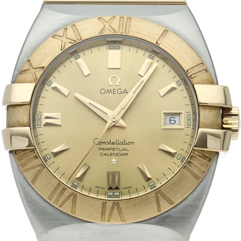 OMEGA CONSTELLATION DOUBLE EAGLE PERPETUAL CALENDAR WATCH: OMEGA Constellation Double Eagle Perpetual Calendar Watch Brand: OMEGA Type/Style: Wristwatch Material: Band Material Gold / steel, Case Material Gold / steel Color: Dial Color Champagne color Size: