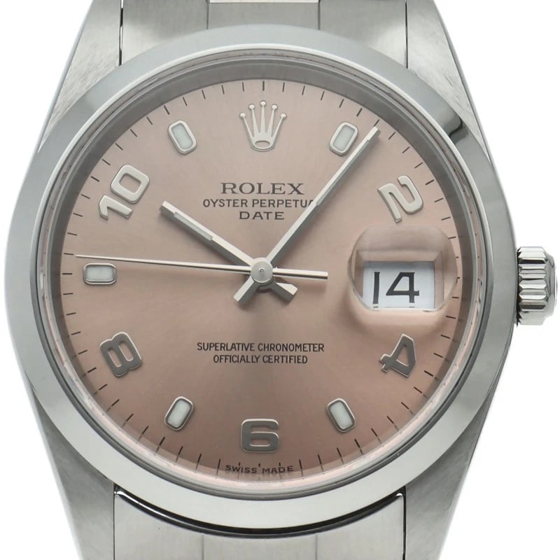 ROLEX OYSTER PERPETUAL DATE STAINLESS STEEL WATCH: ROLEx Oyster Perpetual Date Stainless Steel Watch Brand: ROLEx Type/Style: Wristwatch Material: Band Material Stainless steel, Case Material Stainless steel Color: Dial Color pink Size: Case Diameter(