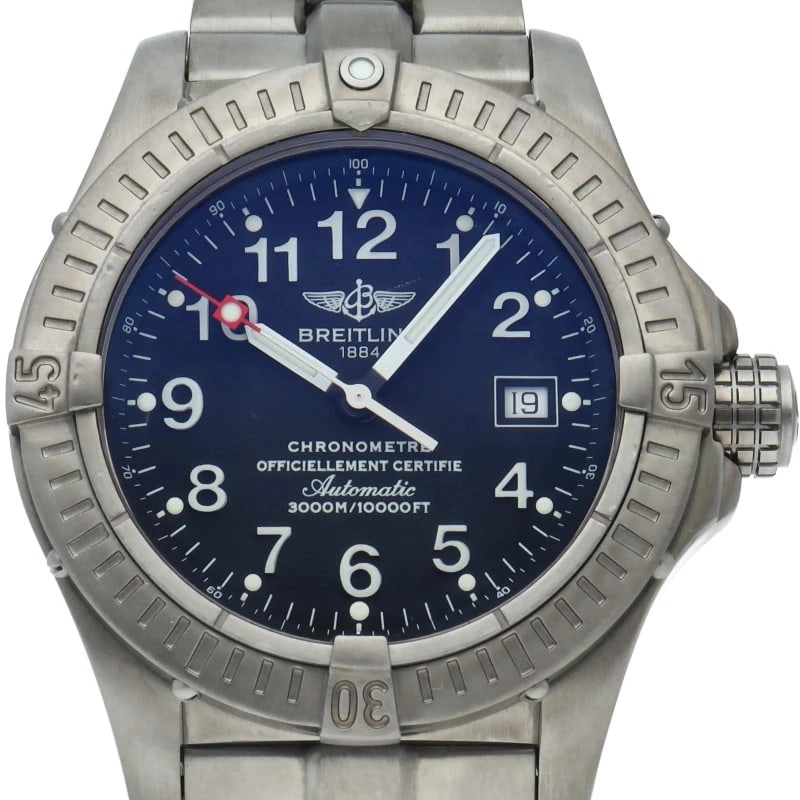 BREITLING AVENGER SEAWOLF CHRONOGRAPH TITANIUM BLUE WATCH: BREITLING Avenger seawolf chronograph titanium blue Watch Brand: BREITLING Type/Style: Wristwatch Material: Band Material titanium, Case Material titanium Color: Dial Color blue Size: Case