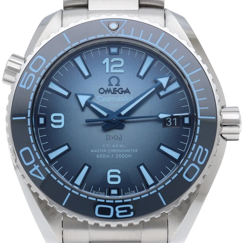 OMEGA SEAMASTER PLANET OCEAN CO-AXIAL WATCH: OMEGA Seamaster Planet Ocean Co-Axial Watch Brand: OMEGA Type/Style: Wristwatch Material: Band Material Stainless steel, Case Material Stainless steel Color: Dial Color Light blue Size: Case Diameter(