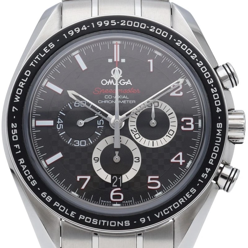 OMEGA SPEEDMASTER LEGEND SCHUMACHER CHRONOGRAPH WATCH: OMEGA Speedmaster Legend Schumacher Chronograph Watch Brand: OMEGA Type/Style: Wristwatch Material: Band Material Stainless steel, Case Material Stainless steel Color: Dial Color black Size: Case Diam