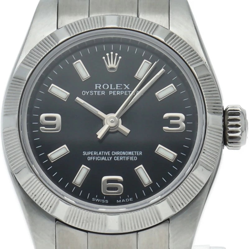 ROLEX OYSTER PERPETUAL 26 STAINLESS STEEL WATCH: ROLEx Oyster Perpetual 26 Stainless Steel Watch Brand: ROLEx Type/Style: Wristwatch Material: Band Material Stainless steel, Case Material Stainless steel Color: Dial Color black Size: Case