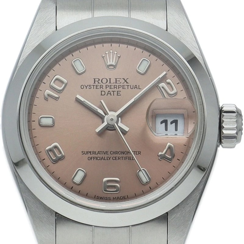 ROLEX OYSTER PERPETUAL DATE STAINLESS STEEL WATCH: ROLEx Oyster Perpetual Date Stainless Steel Watch Brand: ROLEx Type/Style: Wristwatch Material: Band Material Stainless steel, Case Material Stainless steel Color: Dial Color pink Size: Case Diameter(