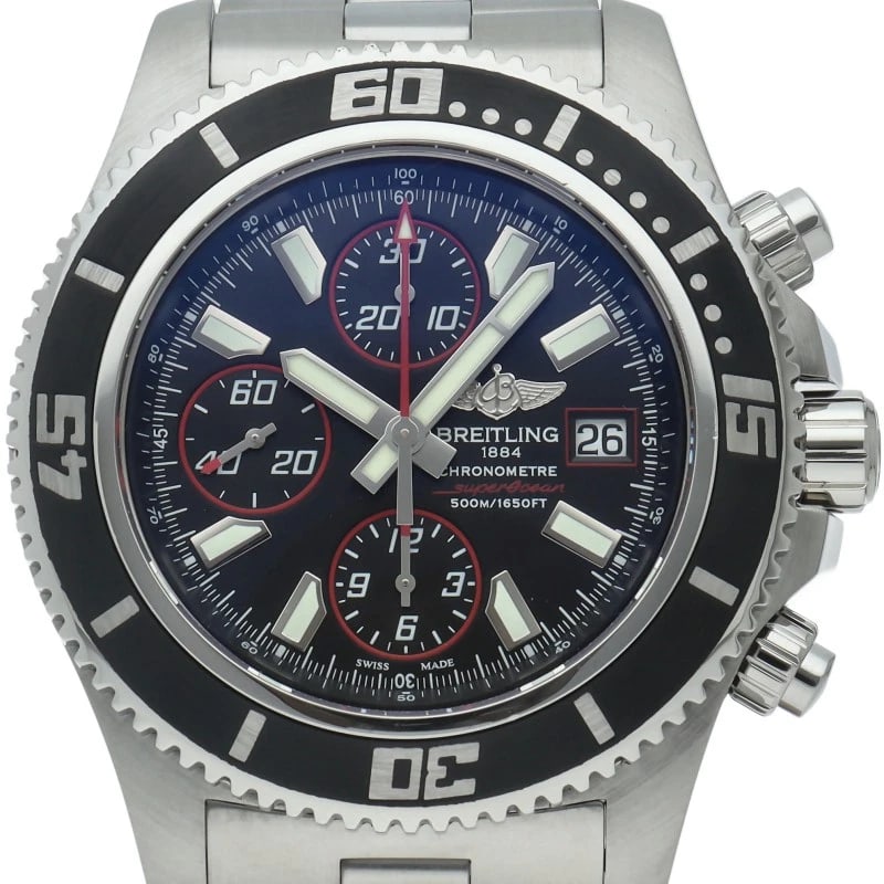 BREITLING SUPER OCEAN CHRONOGRAPH STAINLESS STEEL WATCH: BREITLING Super Ocean Chronograph Stainless Steel Watch Brand: BREITLING Type/Style: Wristwatch Material: Band Material Stainless steel, Case Material Stainless steel Color: Dial Color black Size: Cas