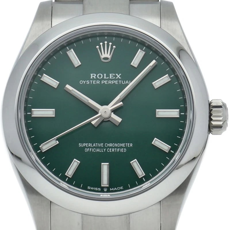 ROLEX OYSTER PERPETUAL 31 WATCH GREEN STAINLESS STEEL WATCH: ROLEx Oyster Perpetual 31 Watch Green Stainless Steel Watch Brand: ROLEx Type/Style: Wristwatch Material: Band Material Stainless steel, Case Material Stainless steel Color: Dial Color green Size: Cas