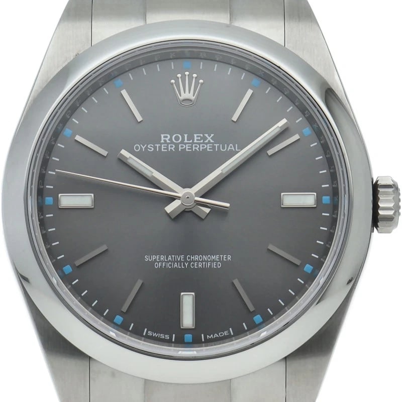 ROLEX OYSTER PERPETUAL 39 WATCH IN DARK RHODIUM STAINLESS STEEL WATCH: ROLEx Oyster Perpetual 39 Watch in Dark Rhodium Stainless Steel Watch Brand: ROLEx Type/Style: Wristwatch Material: Band Material Stainless steel, Case Material Stainless steel Color: Dial Color Dark 