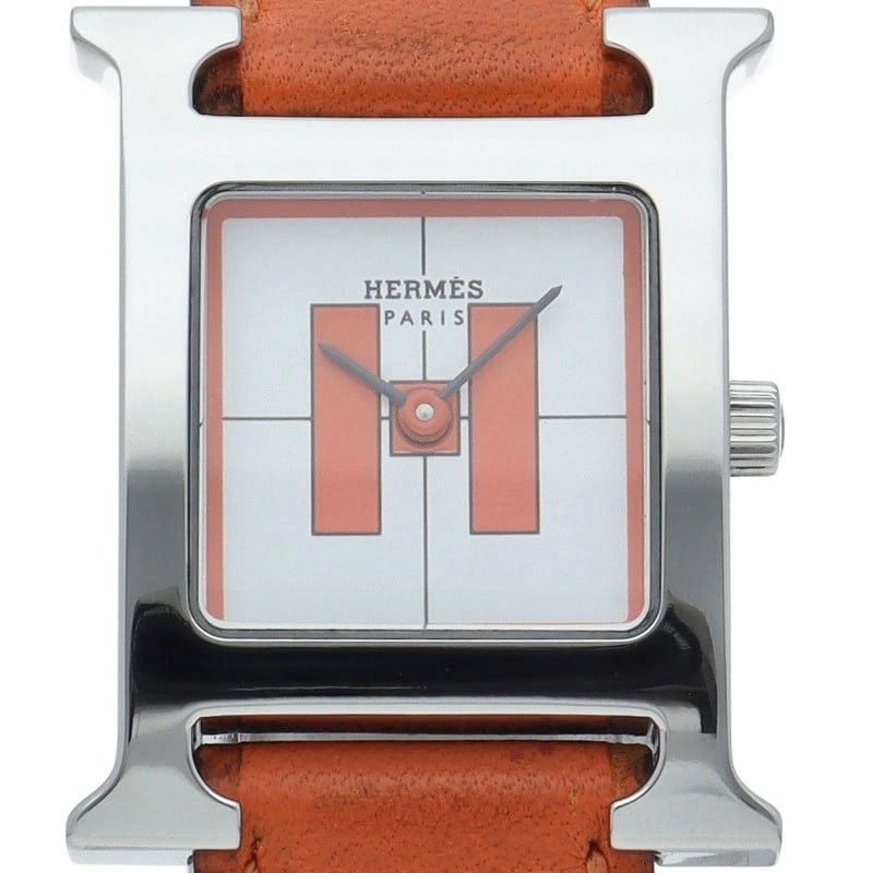 HERMES H WATCH STAINLESS STEEL / LEATHER WATCH: HERMES H watch Stainless Steel / Leather Watch Brand: HERMES Type/Style: Wristwatch Material: Band Material leather, Case Material Stainless steel Color: Dial Color white Size: Case Diameter(H):About 