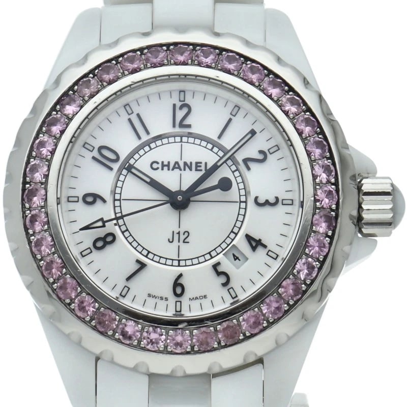 CHANEL J12 WATCH PINK SAPPHIRE BEZEL STAINLESS STEEL / CERAMIC WATCH: CHANEL J12 Watch Pink Sapphire Bezel Stainless Steel / ceramic Watch Brand: CHANEL Type/Style: Wristwatch Material: Band Material ceramic, Case Material ceramic Color: Dial Color white Size: Case Diam